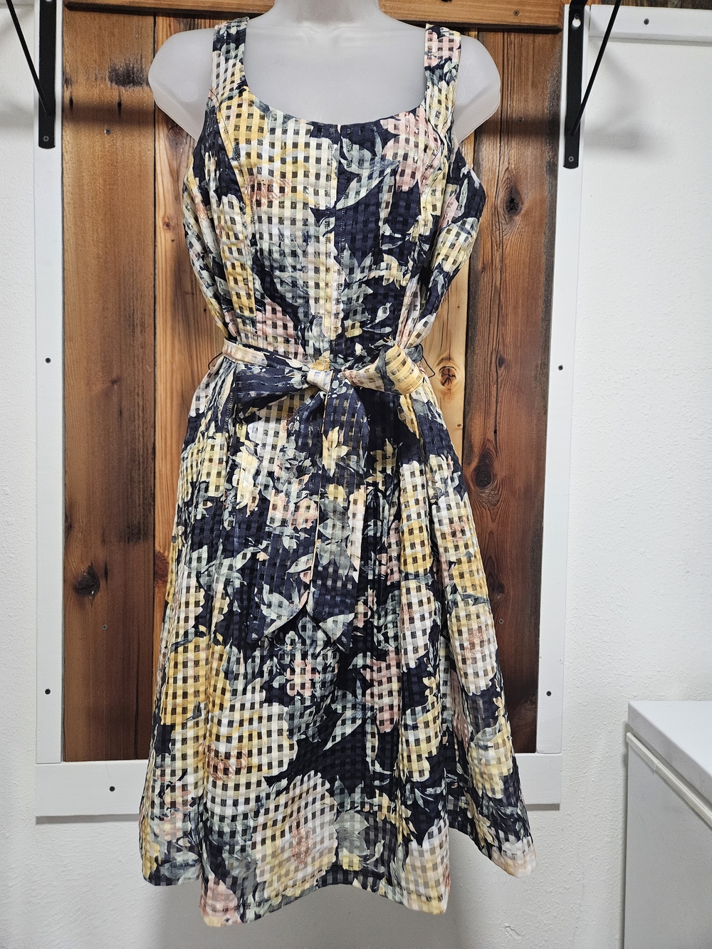 Anne Klein Navy Floral Gingham Sleeveless Fit & Flare Dress